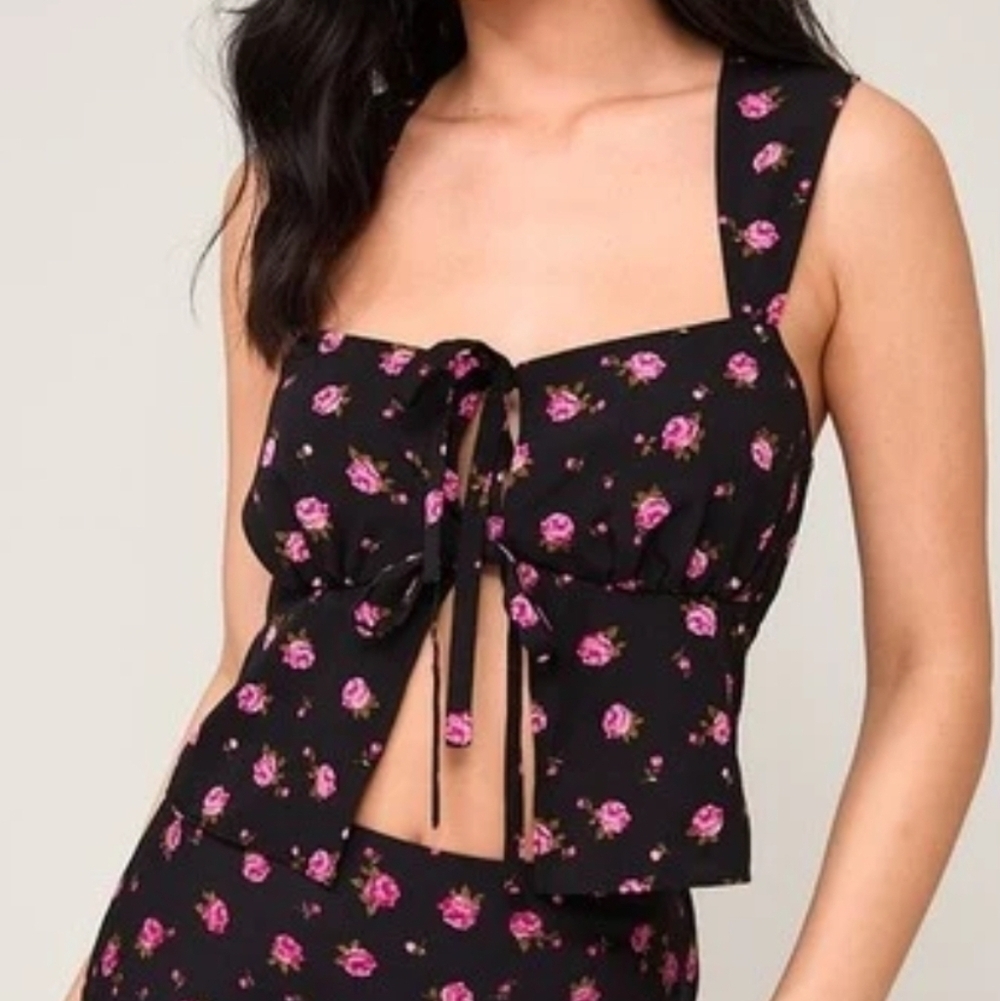 Le Lis Jenny Dot Double Tie Front Floral Rose Wide Strap Cross Back Crop Top